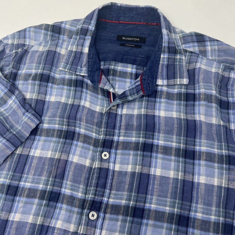Bugatchi Shaped Fit 100% Linen Short Sleeve Button Up Shirt Men’s XL Plaid